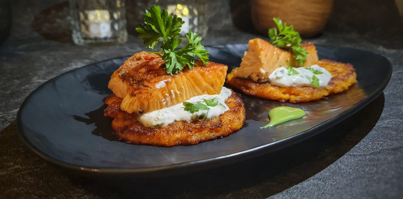 Kürbis Rösti mit Lachs und Wasabi Créme - lifestylezauber.de